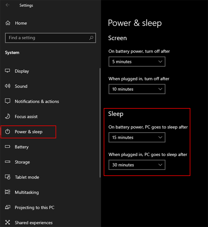 Vào Settings > System > Power and Sleep để cài đặt thời gian tự động ngủ cho Windows 10