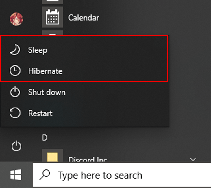 Nút chọn Hibernate đã xuất hiện trong menu Start > Power